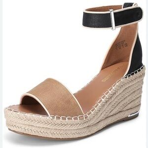 FRANCO SARTO Clemens espadrille wedge sandal, black & tan canvas, size 7.5